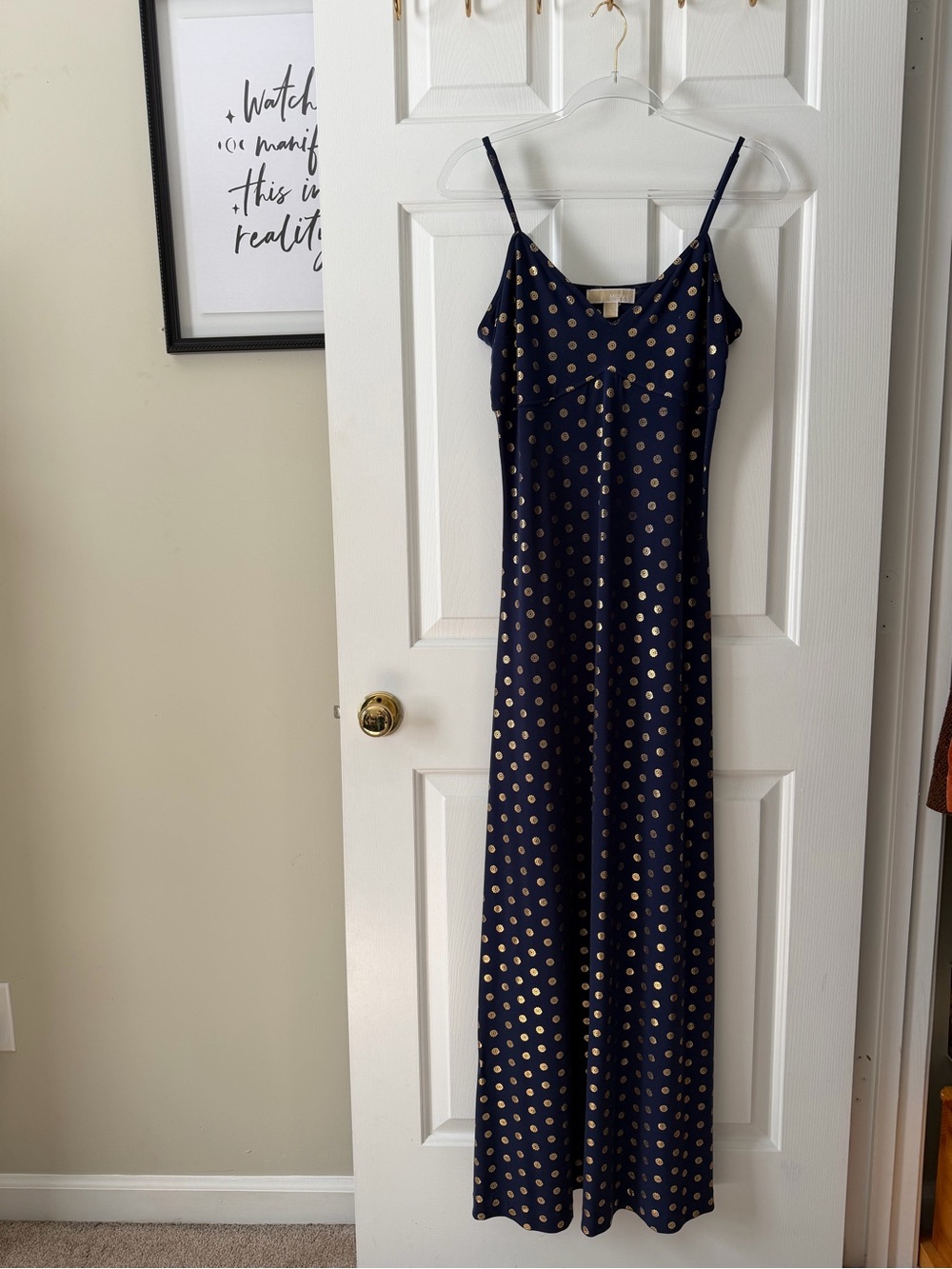 Michael Kors Navy Polka Dot Slip Dress with Gold detail